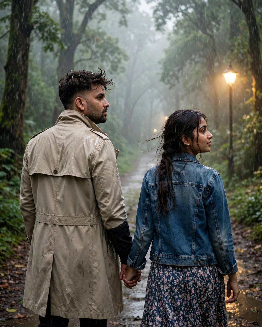 Couple walking hand in hand on a misty forest path in heavy monsoon rain at dawn, warm streetlamp glowing nearby