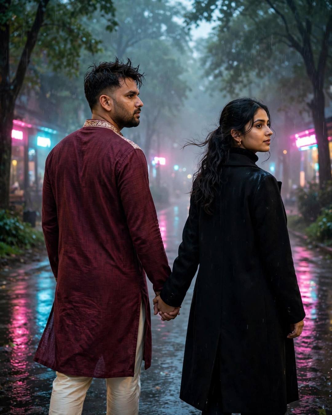 Indian couple walking hand in hand away down a rainy neon-lit street at night, man in maroon kurta, woman in black coat