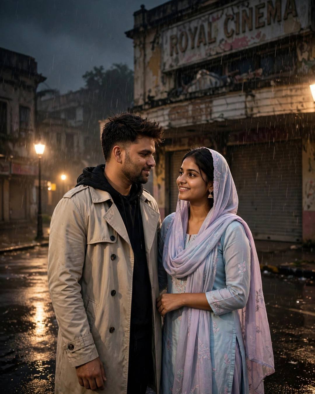 Couple slow-dancing in front of an abandoned cinema hall at midnight, warm streetlamps glowing through drizzle