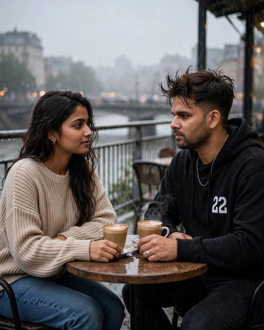 Couple at a small cafe table with two steaming cups on a rainy riverside terrace