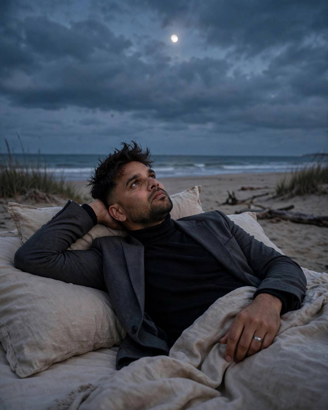 Young man in charcoal blazer lying on a bed on a deserted beach at dusk, staring at the moonlit sky