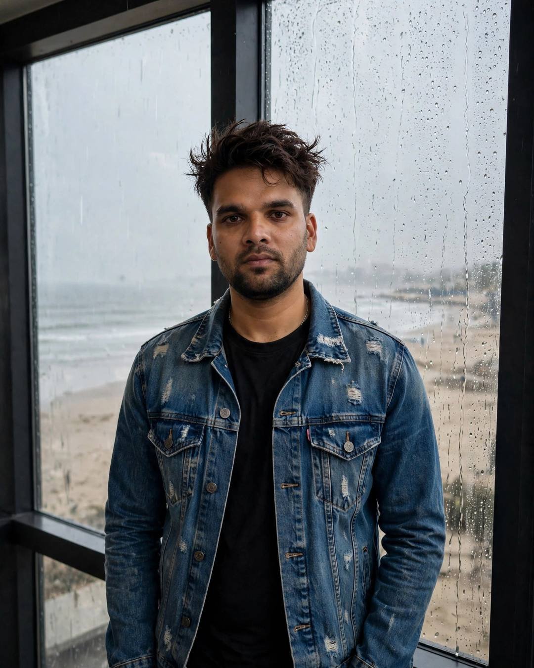Young man in denim jacket standing at a rain-streaked window overlooking a beach at dusk