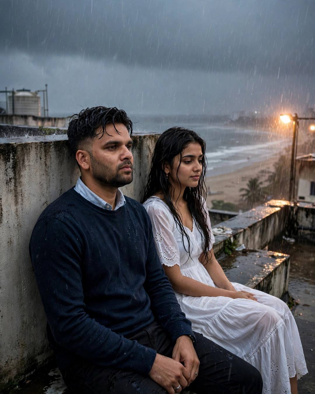 Indian couple sitting backs against a rooftop wall in monsoon rain, man in navy sweater, woman in white dress, beach at dusk behind