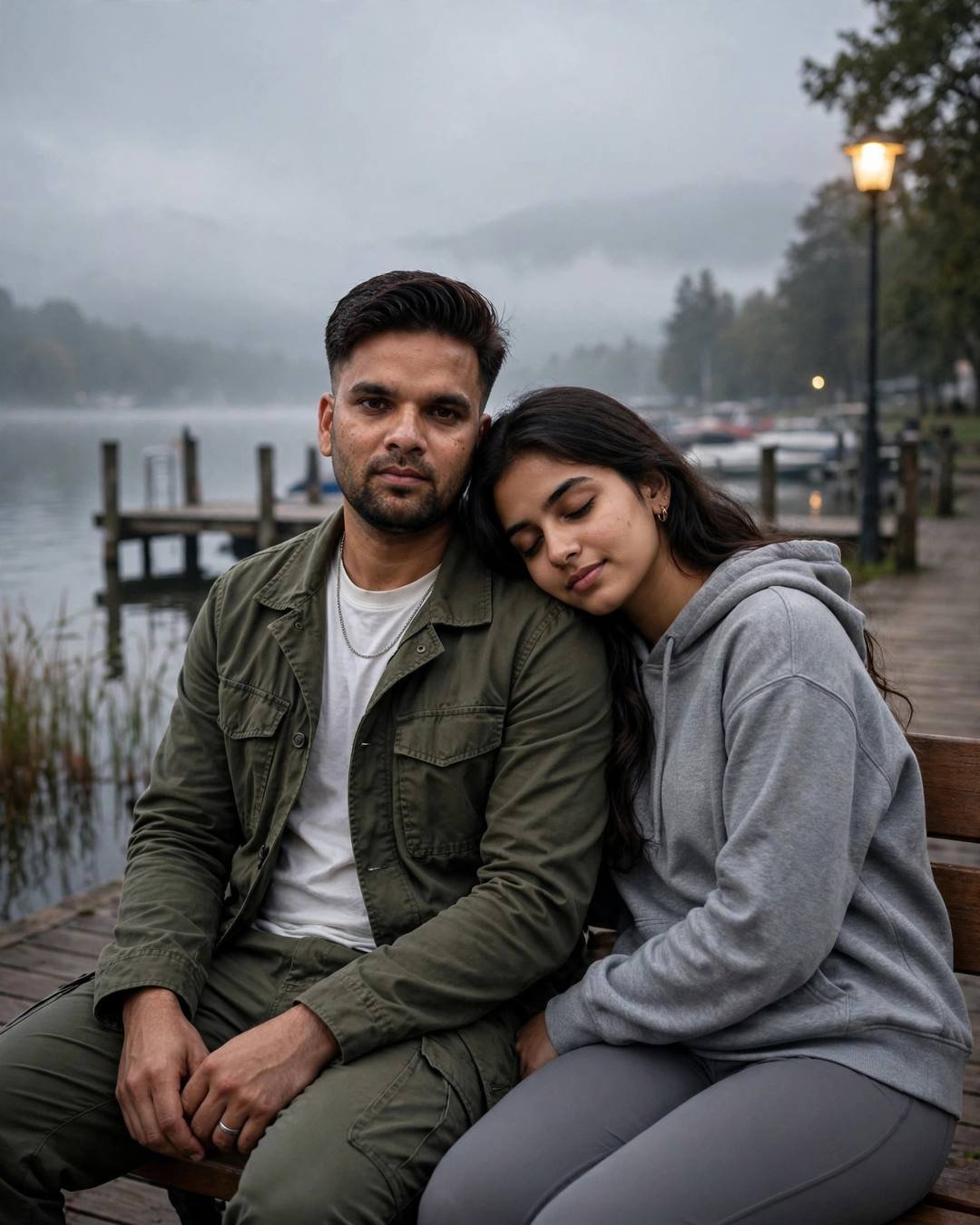 Indian couple on a bench at a foggy lake pier at dawn, woman resting head on man's shoulder, streetlamp glowing
