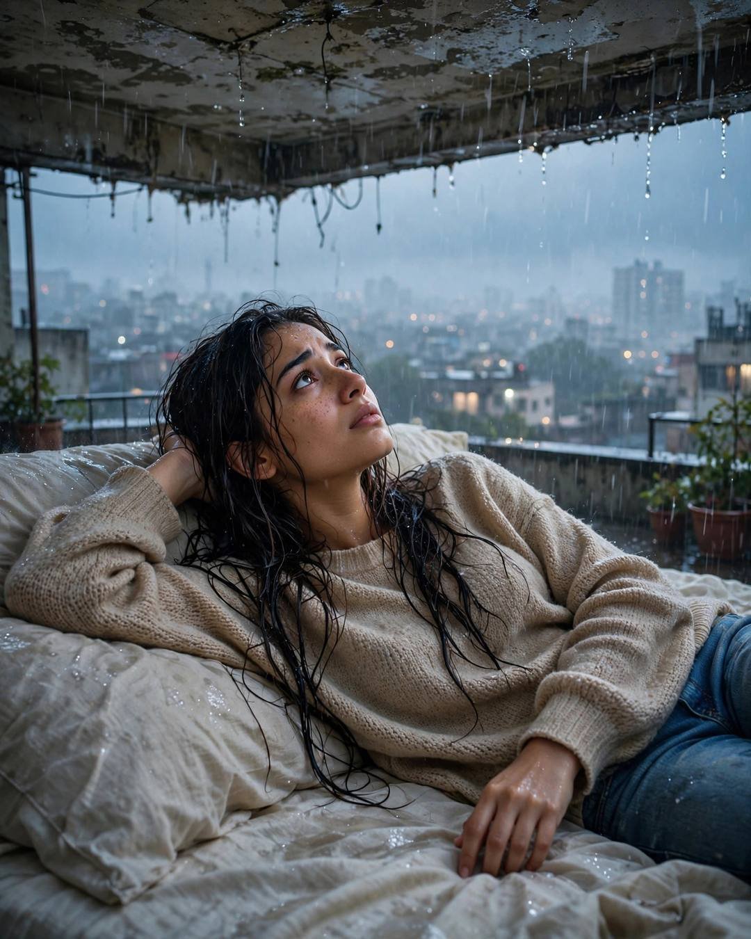 Young Indian woman in beige sweater lying on a rain-soaked rooftop bed at dawn, wet hair, city lights behind