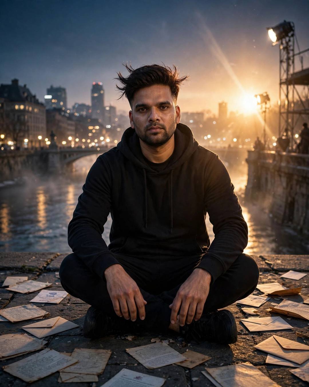 Young Indian man in black hoodie sitting cross-legged among old letters on a river embankment at golden hour