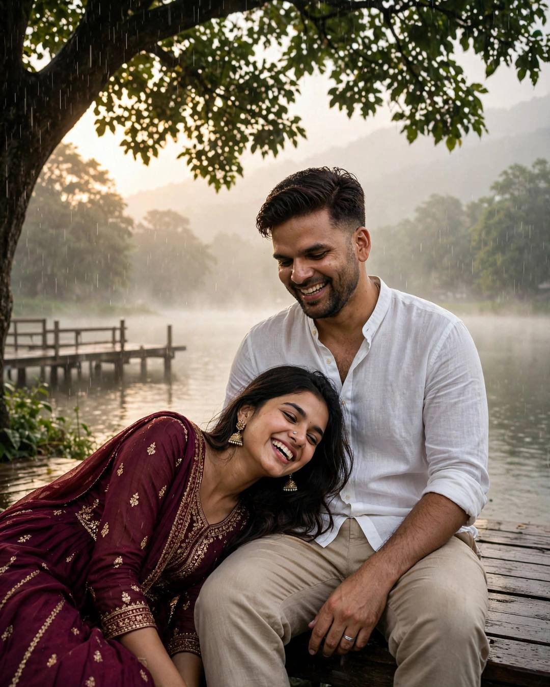 Couple laughing on a lake pier in heavy monsoon rain at dawn, her head in his lap, pale light through fog