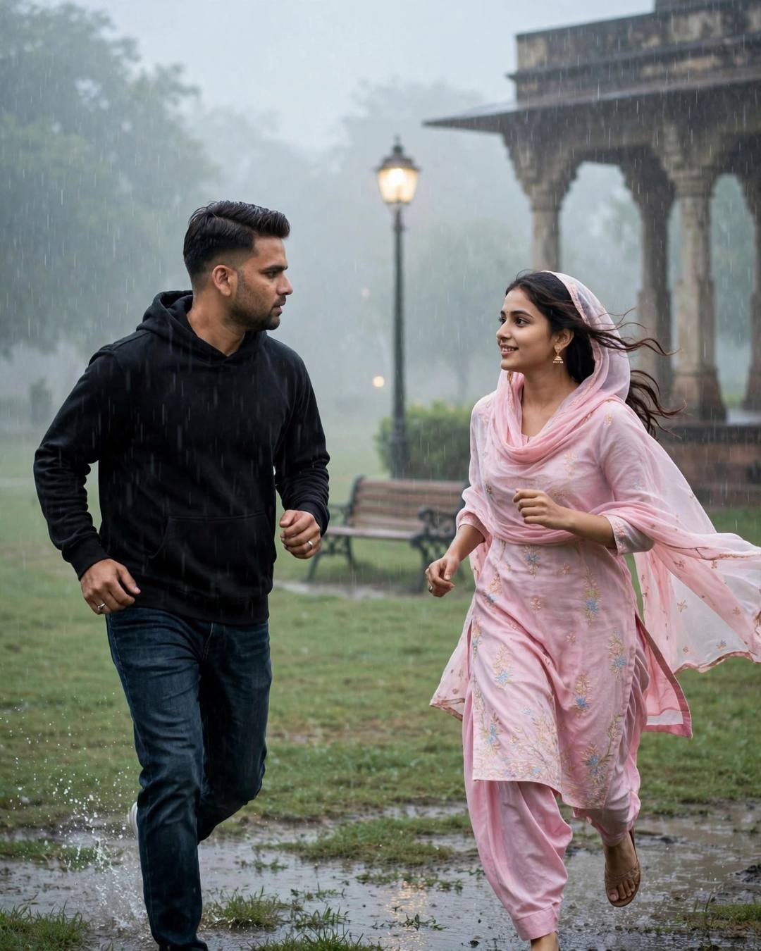 Couple running toward each other through monsoon rain in a heritage garden with stone pavilion and lamp