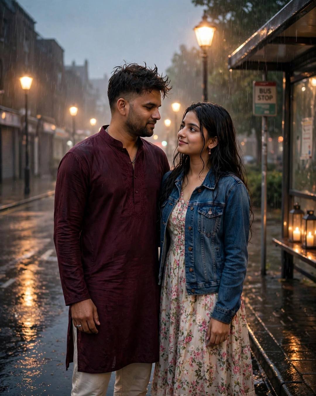 Young Indian couple slow dancing in the rain at a bus stop at dusk, man in maroon kurta, woman in denim jacket over floral dress