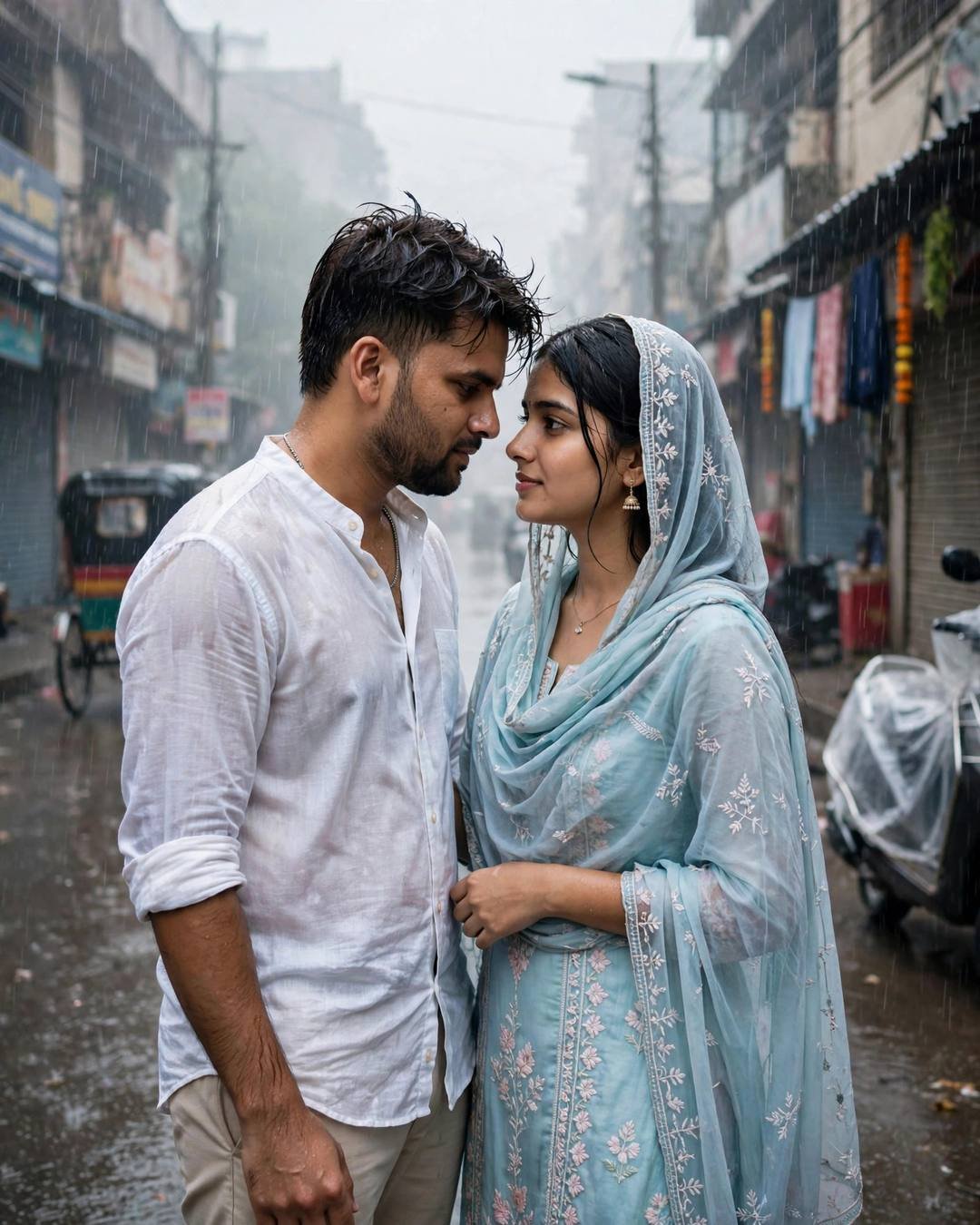 Young Indian couple with foreheads almost touching in heavy monsoon rain on a city street, man in white linen shirt, woman in pastel salwar-kameez