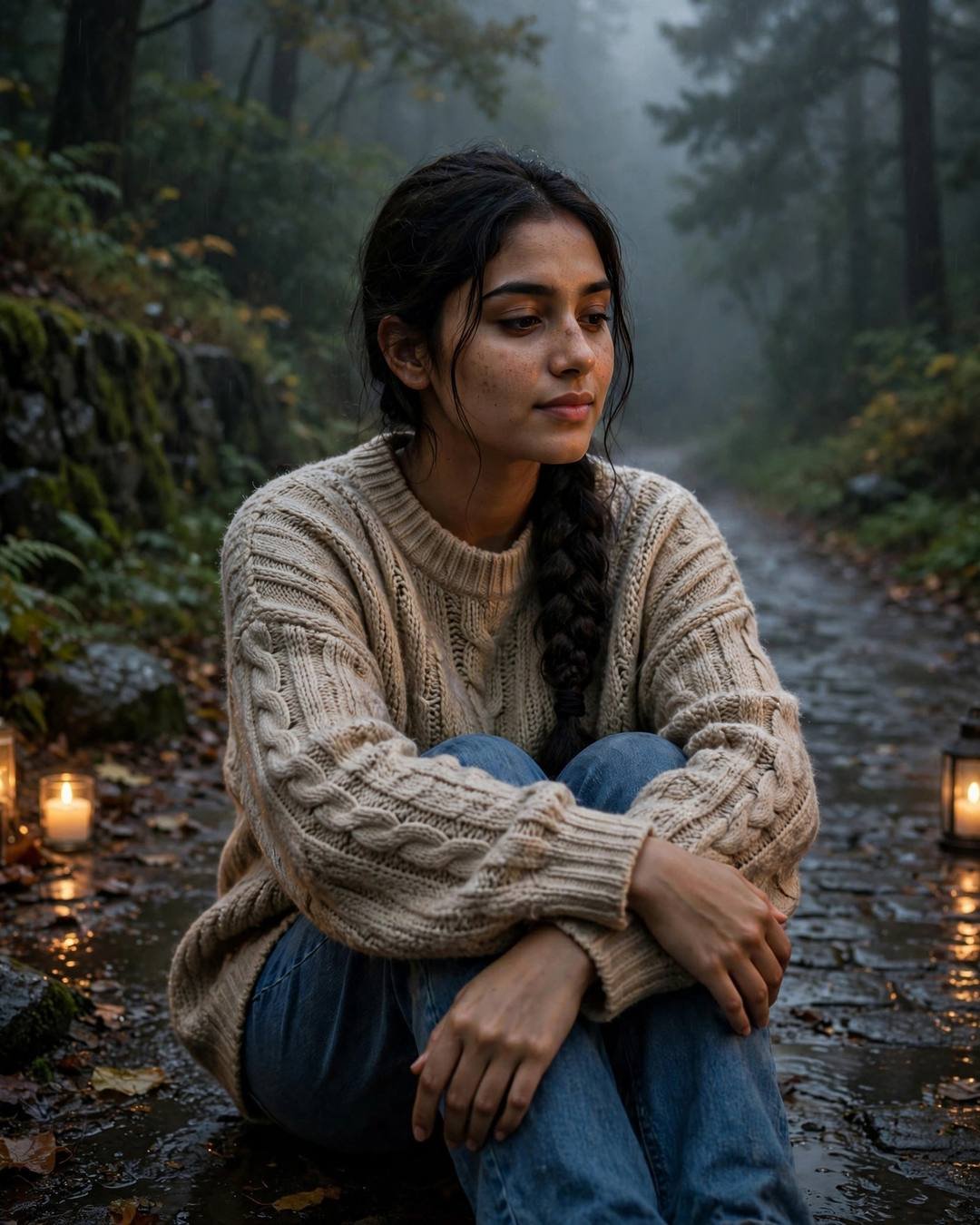 Young Indian woman in beige sweater with a long braid sitting on a misty forest path with glowing lanterns