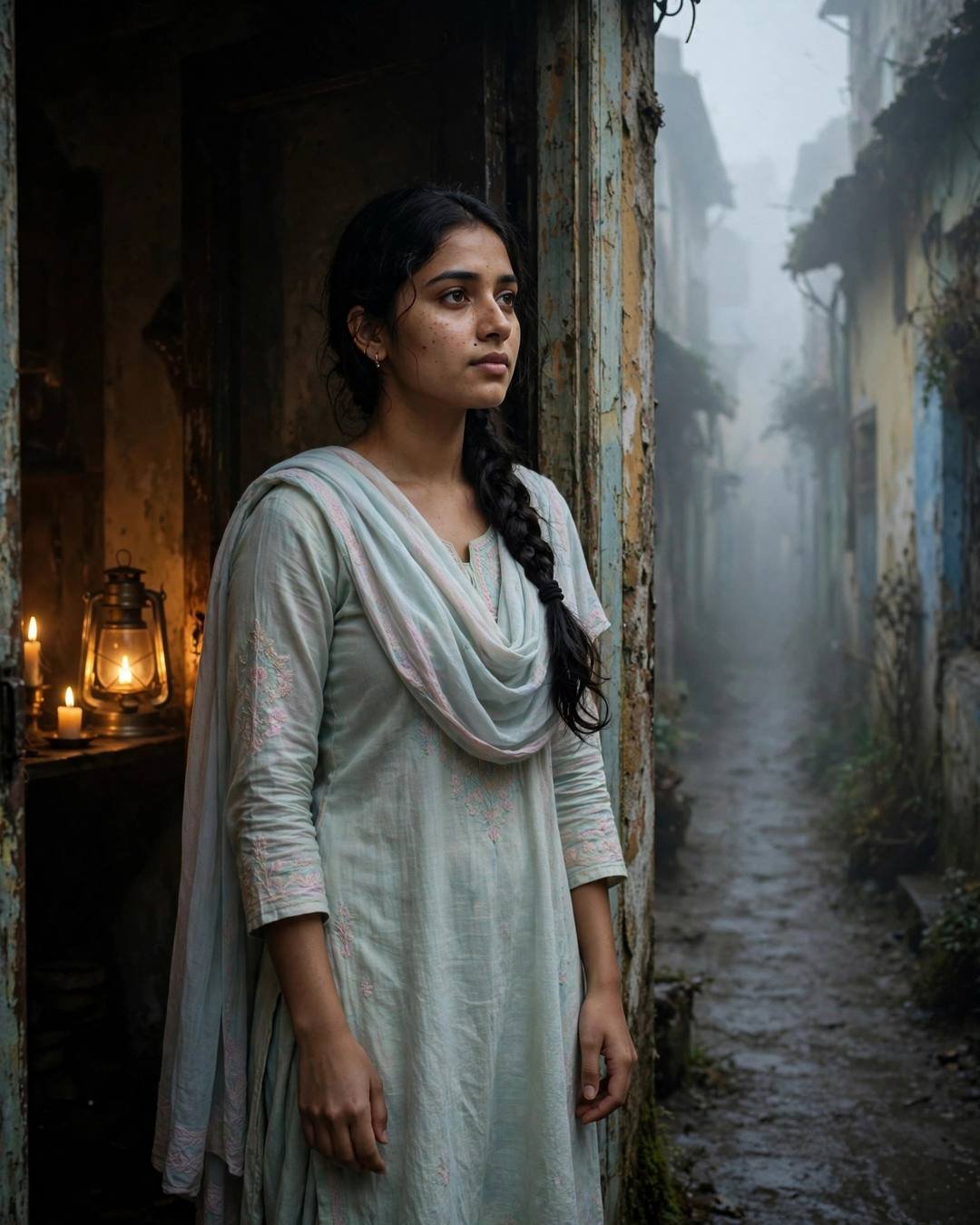 Young Indian woman in pastel salwar-kameez standing in a shadowed doorway on a foggy old-city lane with lanterns