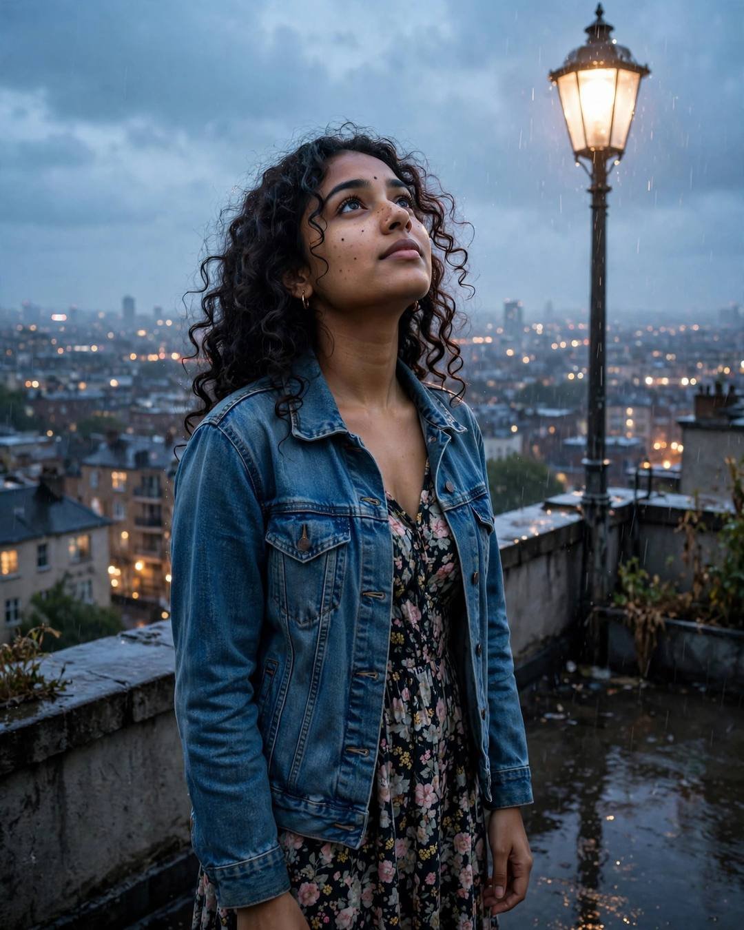 Young Indian woman in denim jacket standing under a streetlamp in the rain, face lifted to the sky, city lights below