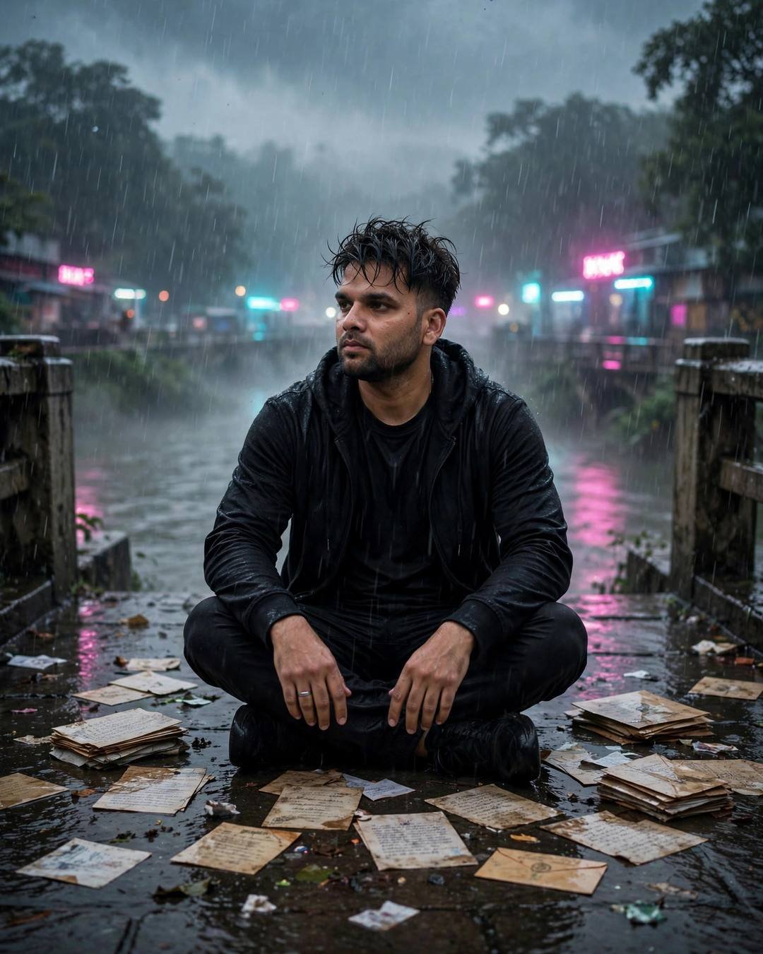 Young Indian man in wet all-black streetwear sitting cross-legged on a rain-soaked bridge surrounded by old letters, neon pink cyan light