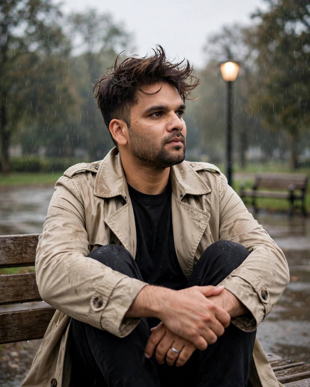 Young Indian man in beige trench coat sitting on a park bench under a glowing lamp in the drizzle, cinematic portrait