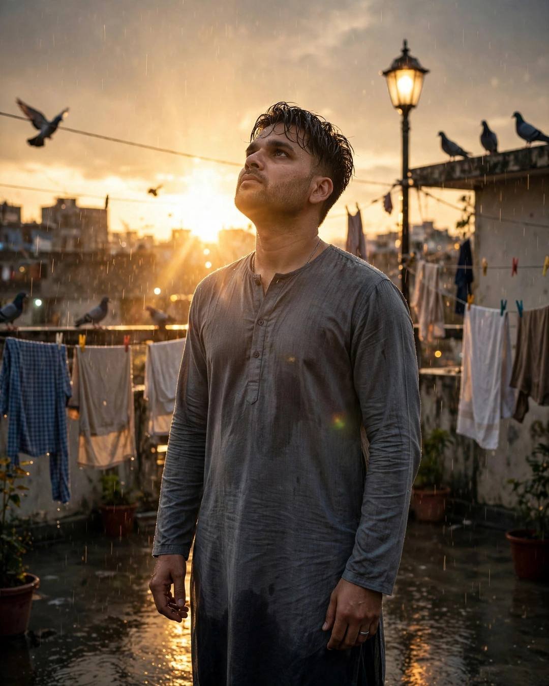 Young Indian man in a grey kurta standing on a terrace in the rain, face lifted to a golden sunset with lens flare and pigeons