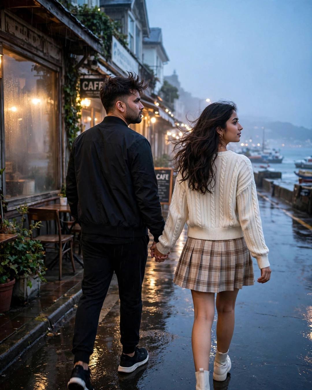 Young Indian couple walking hand in hand down a rain-washed lane toward the sea at blue hour
