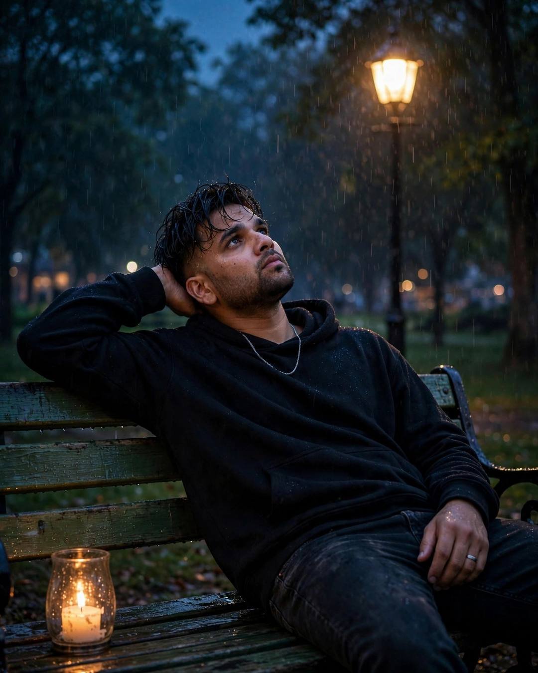 Young Indian man in black hoodie reclining on a park bench under a street lamp in the rain with a candle beside him