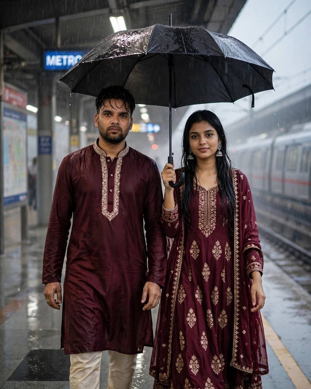 Young Indian couple in maroon outfits standing under one umbrella on a rainy metro station platform