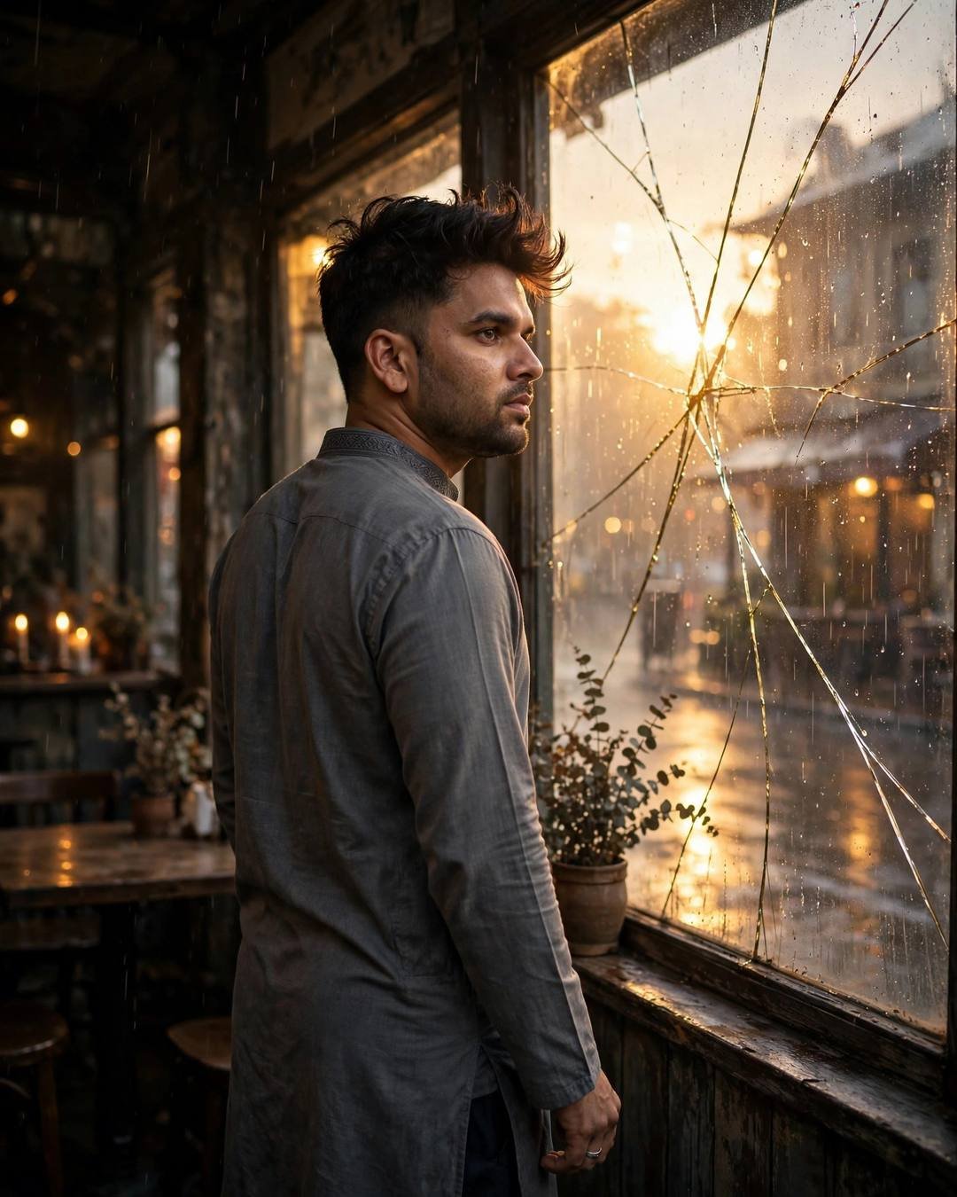 Man in grey kurta looking over shoulder at a cracked cafe window, golden light through fractures
