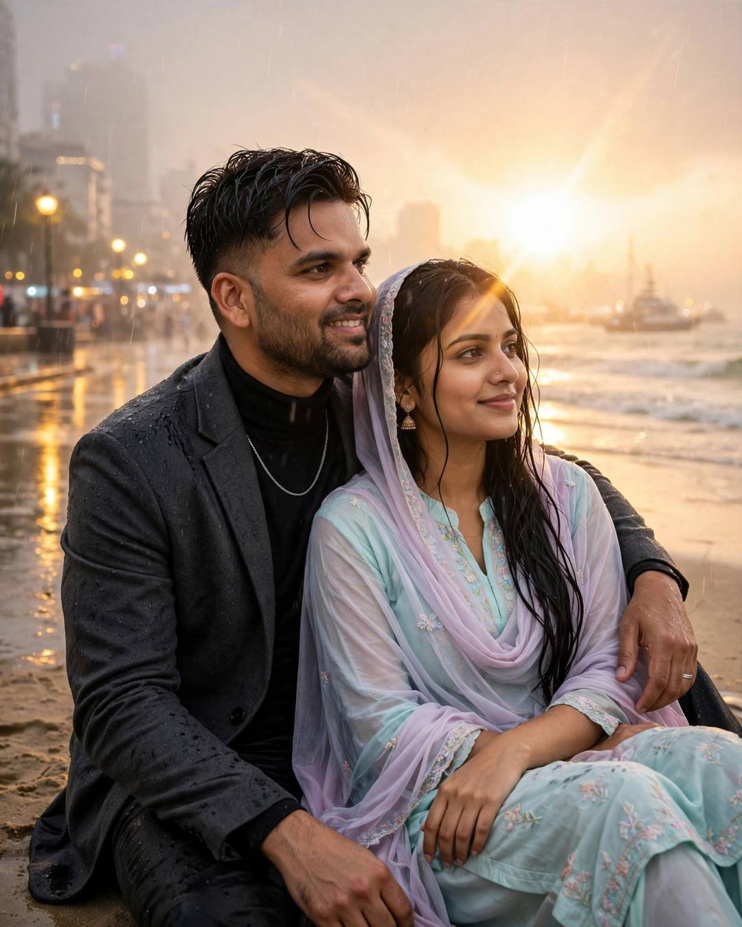 Young couple on a foggy beach promenade in golden backlight, man in charcoal blazer, woman in pastel salwar kameez with dupatta