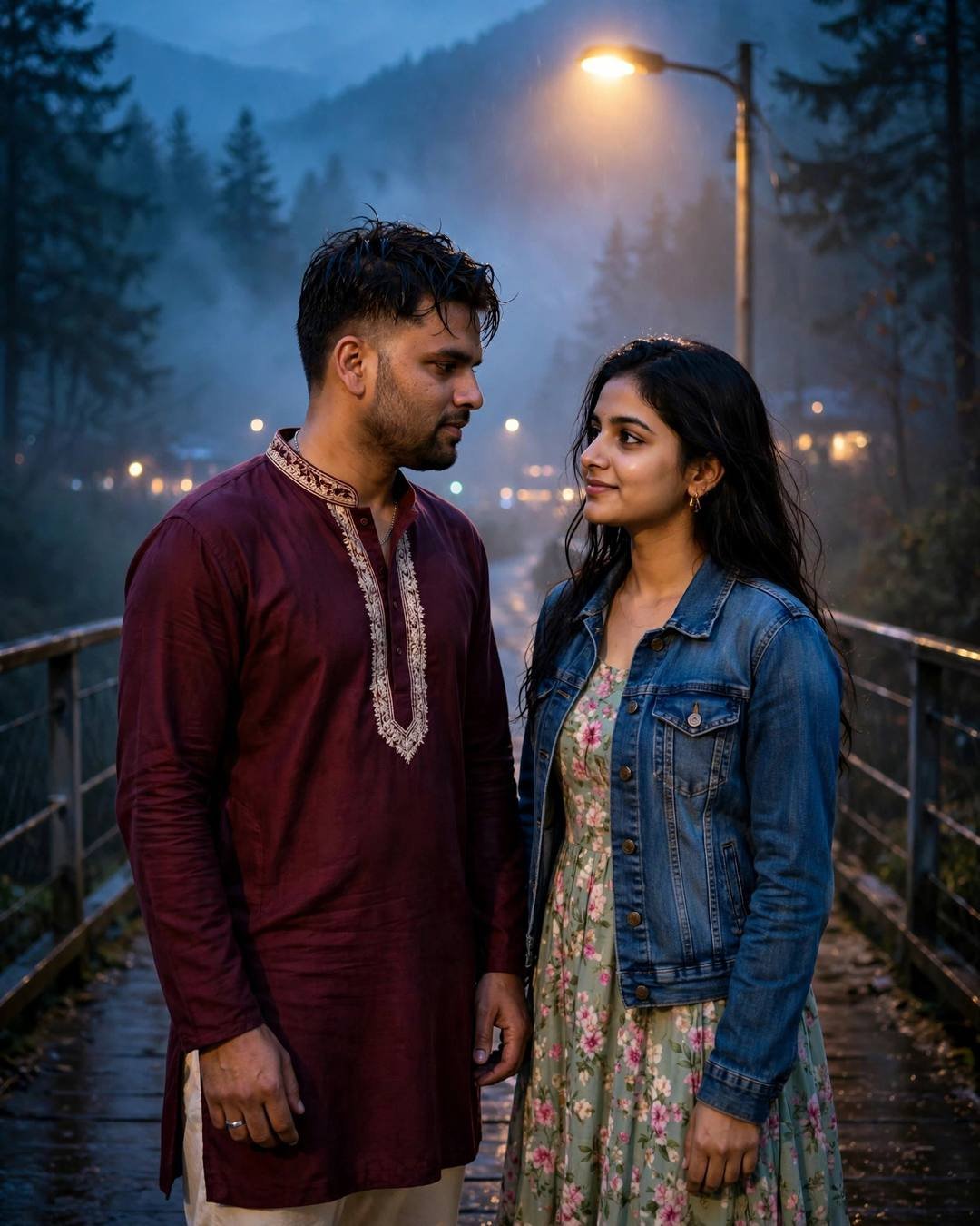 Young couple standing close on a misty forest bridge looking into each other's eyes, maroon kurta and denim jacket