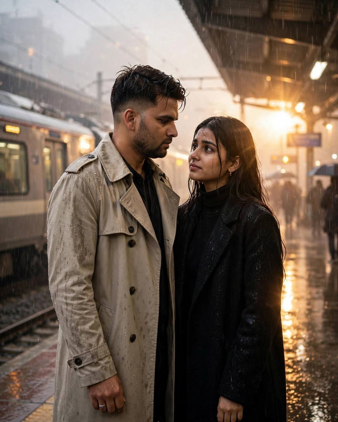 Young couple close together on a foggy railway platform with a waiting train, gazing at each other in golden fog