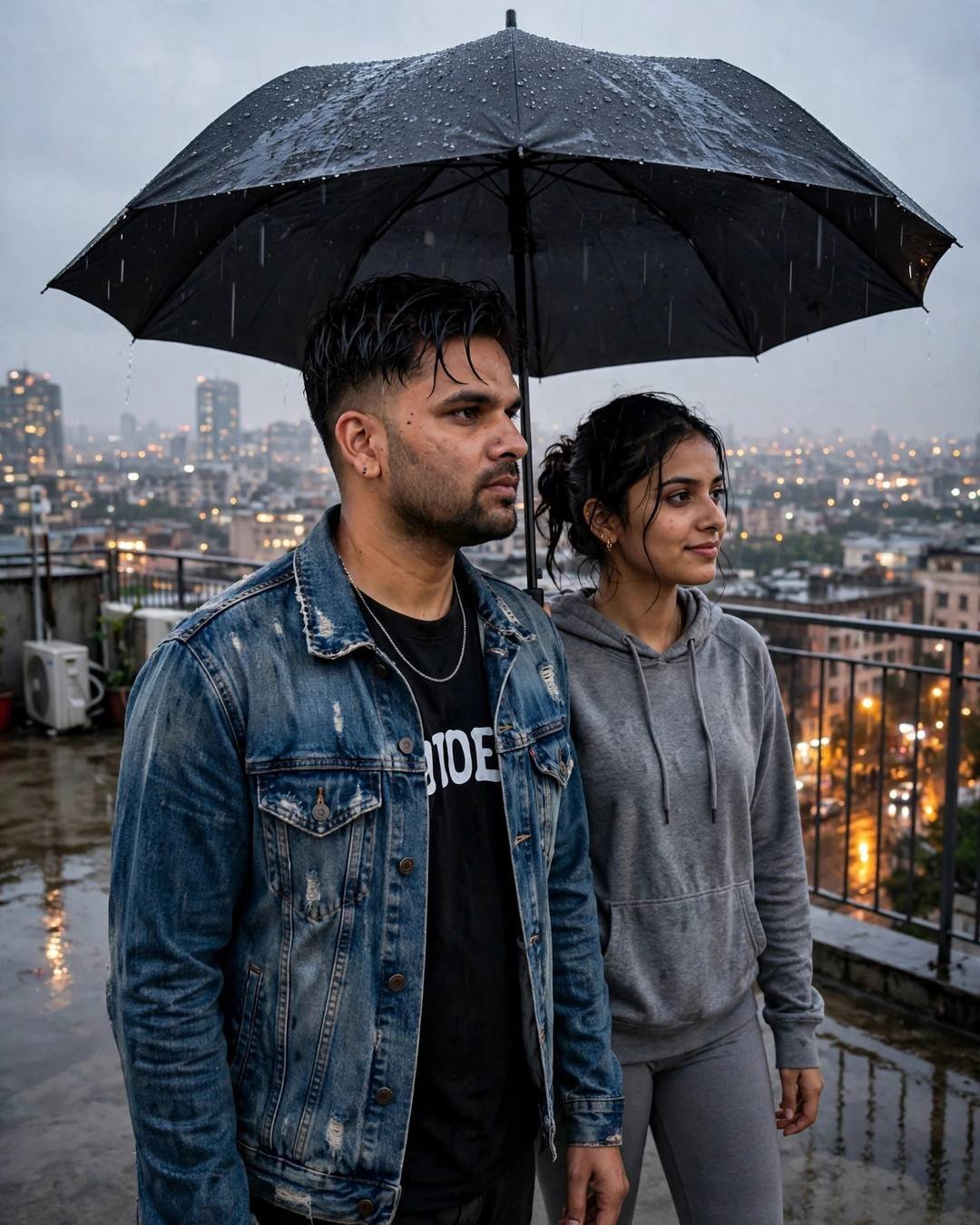 Young couple standing under one umbrella on a wet rooftop at night overlooking city lights, man in denim jacket