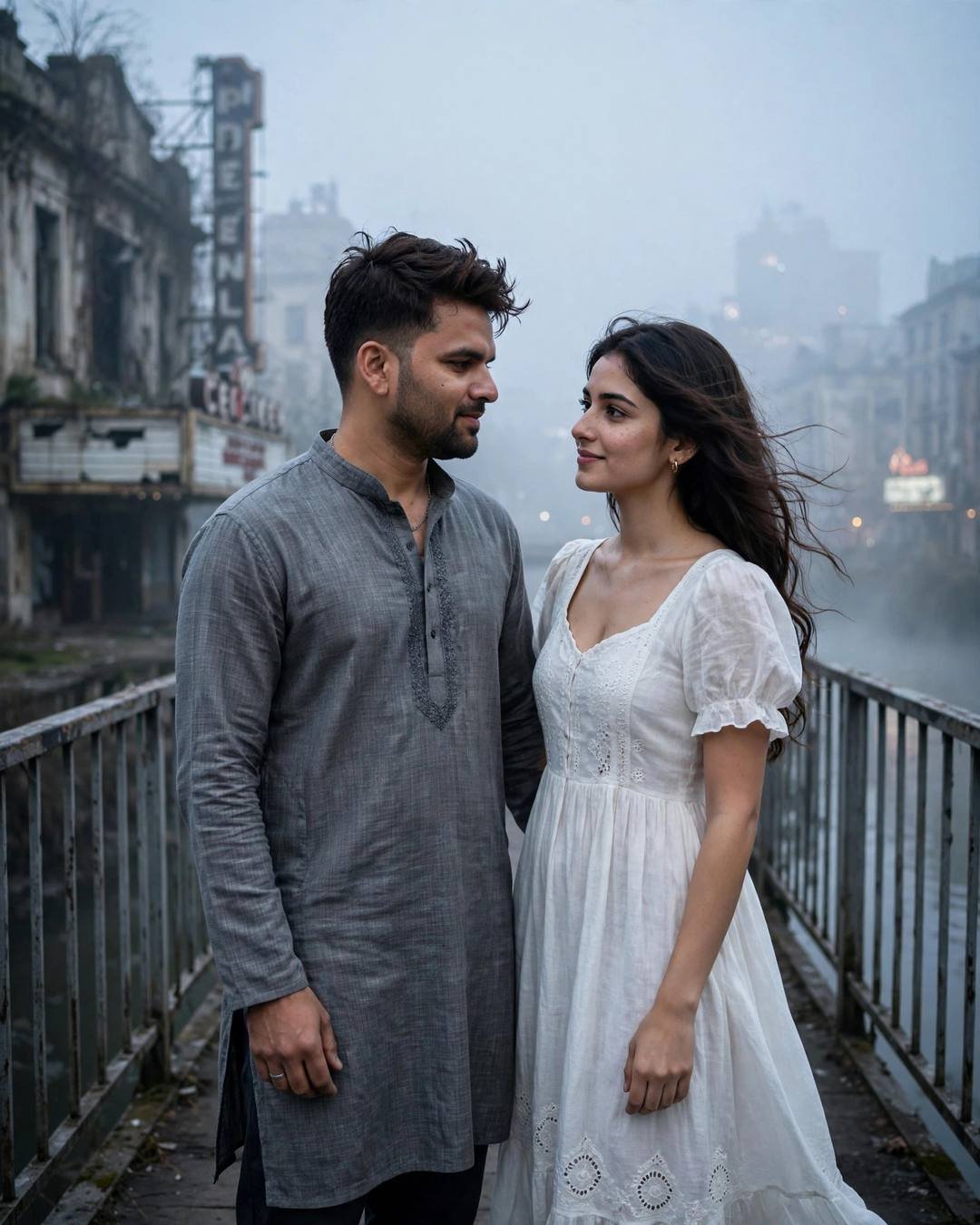 Young couple walking on a foggy bridge with paper cups of chai, man in grey kurta, woman in white dress, old cinema behind