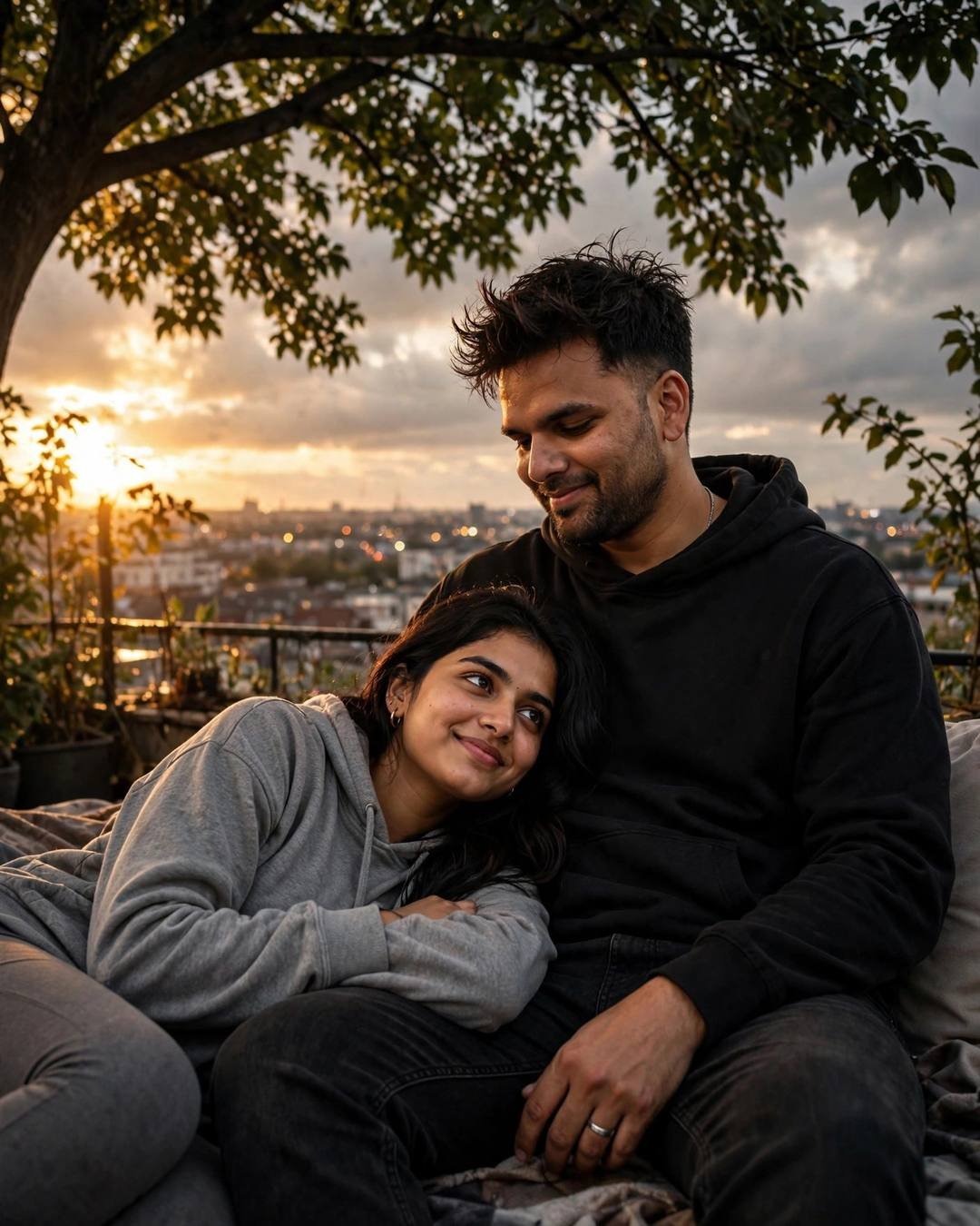 Matching oversized hoodies on a grocery run — black oversized hoodie and dark jeans, slightly messy morning hair, her head resting on his chest, soft smiles under a tree at a rooftop overlooking the city