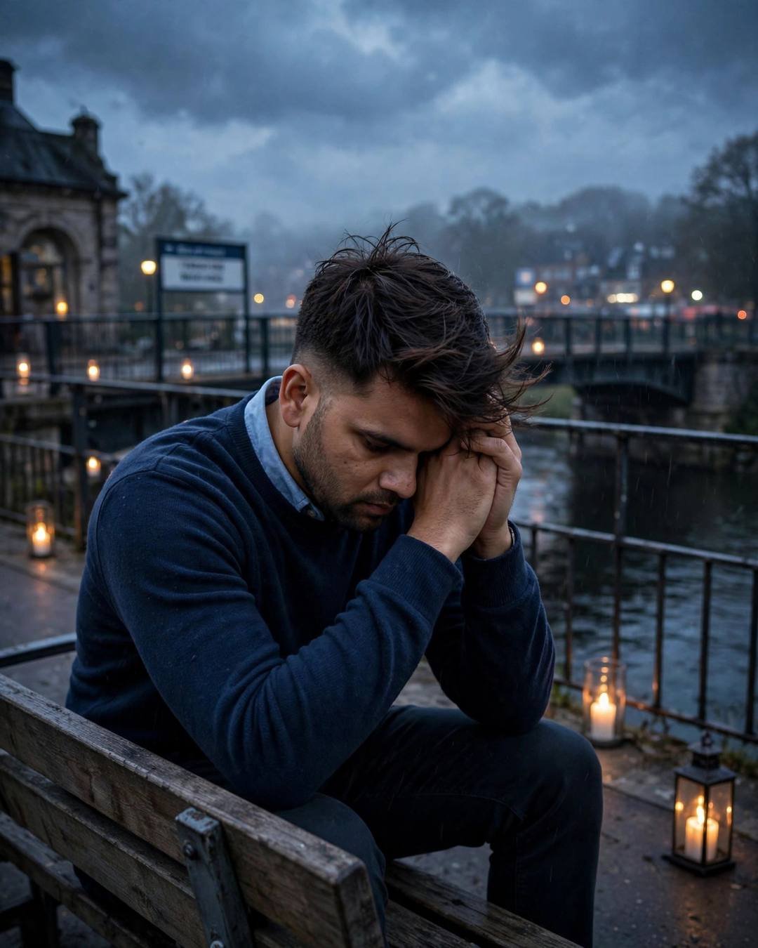 Young Indian man in navy sweater over collared shirt sitting bowed on a bench by a river bridge at blue hour with candles