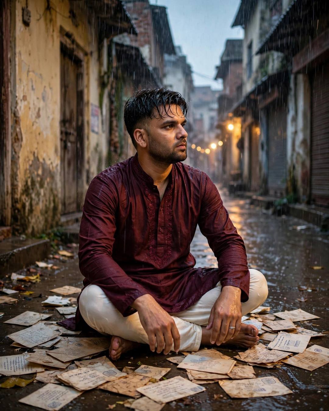 Clutching his mother's old letter on a — maroon kurta with cream churidar, damp rain-wet hair, sitting cross-legged on the floor surrounded by old letters at narrow old-city lane with peeling walls; h