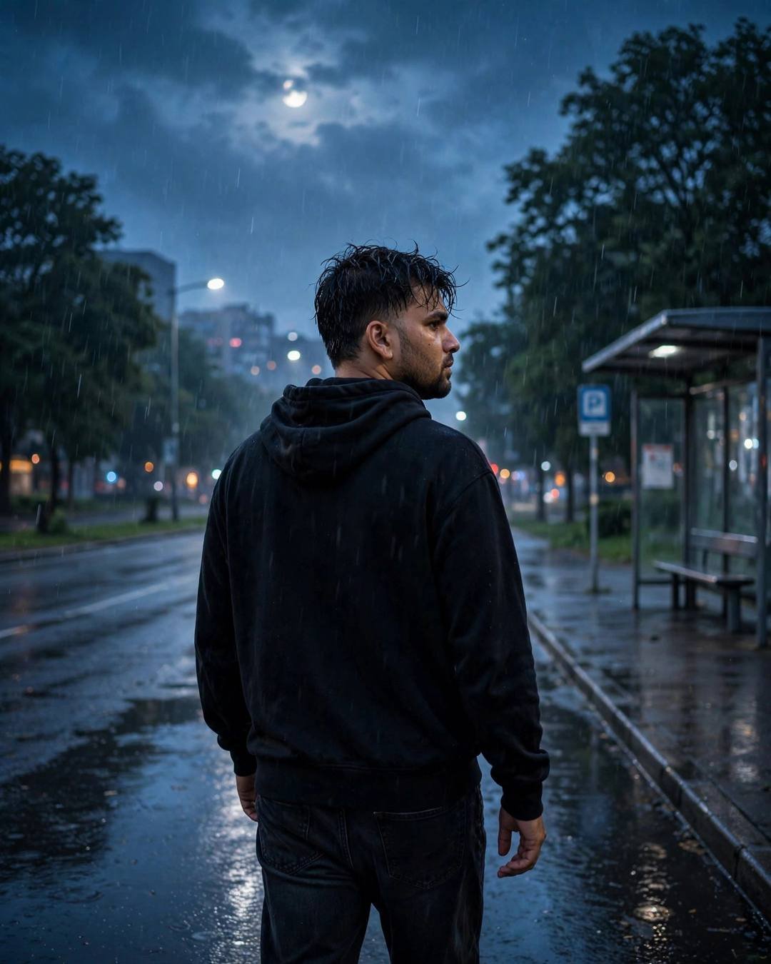 Whispering sorry to an empty chair — black oversized hoodie and dark jeans, towel-dried tousled hair, walking away from the camera down an empty path at bus stop in the rain; light rain, blue hour wit