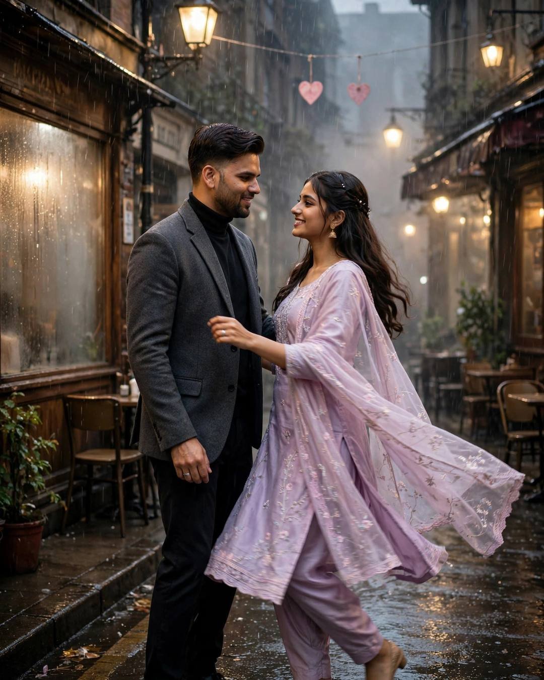 Crying together after the doctor's good news — charcoal blazer, black turtleneck, neatly combed side part, dancing slowly in an empty street under streetlights at old cafe by a fogged window; light ra