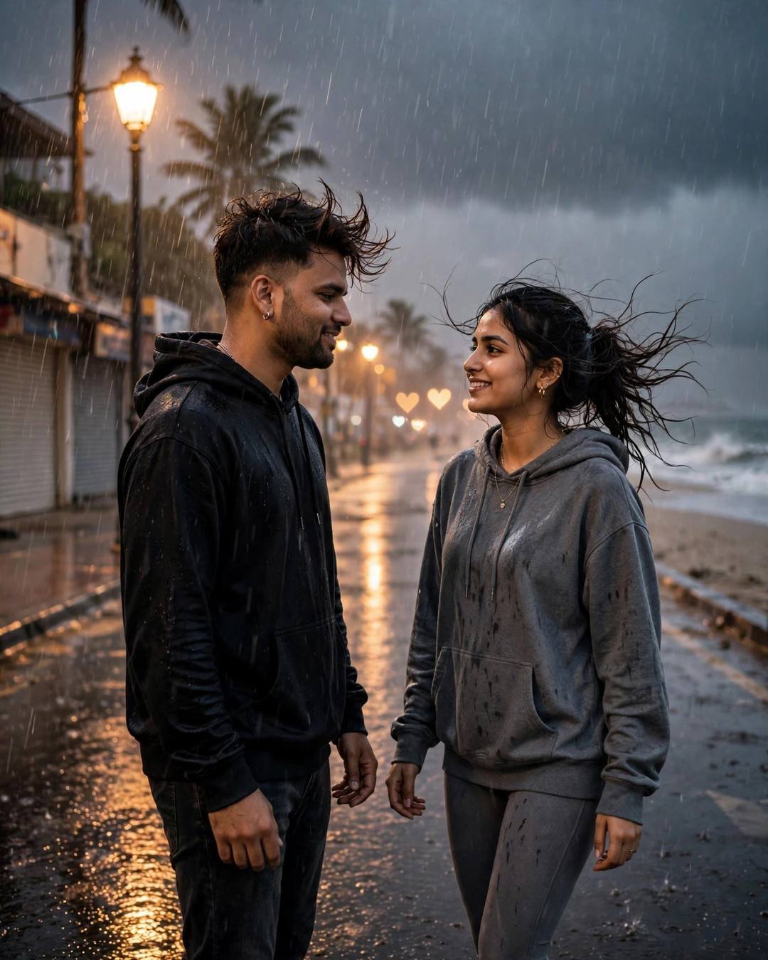 Reading old letters together on their anniversary — black oversized hoodie and dark jeans, windswept textured hair, dancing slowly in an empty street under streetlights at deserted beach at dusk; heav