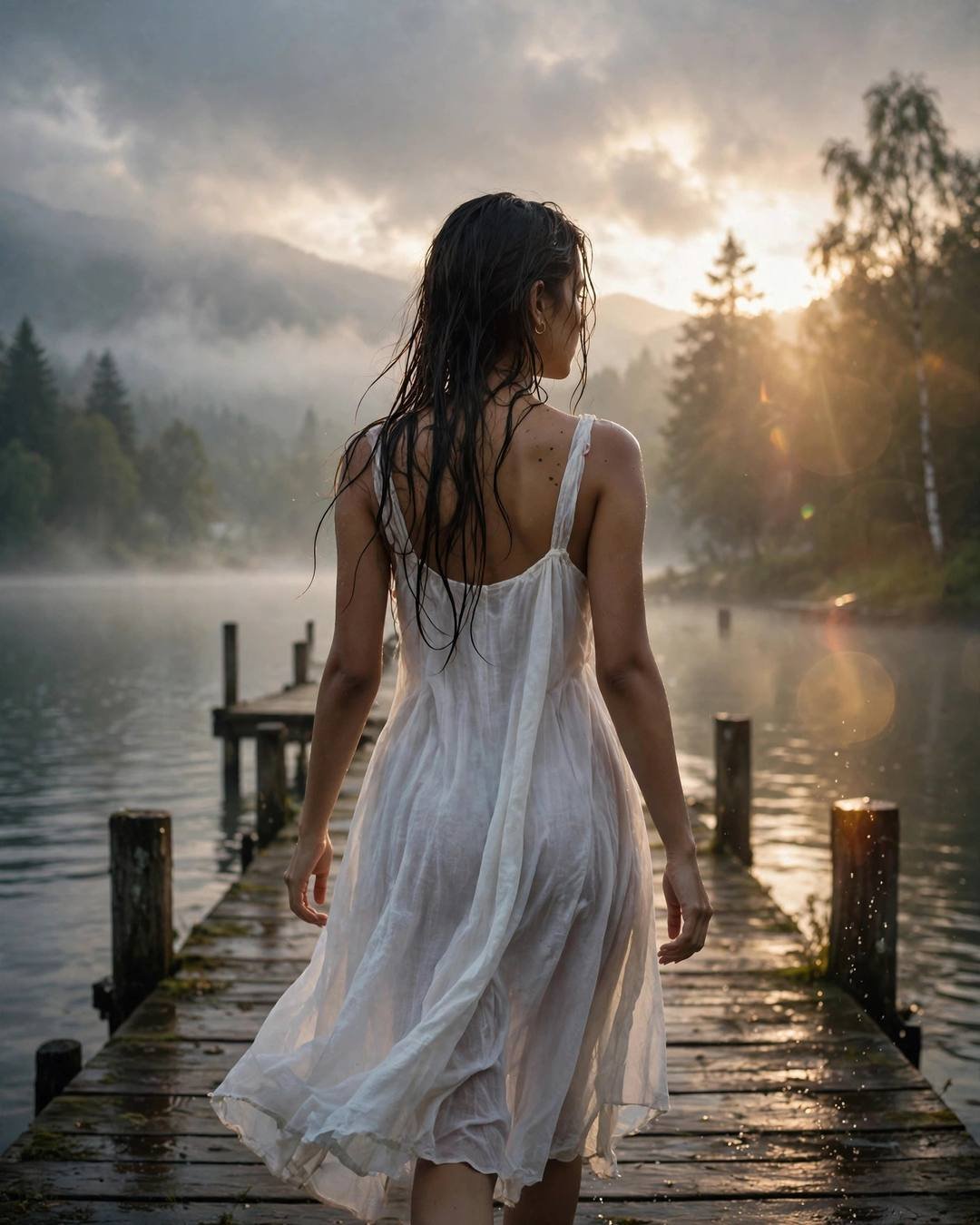 Young woman in white dress walking away down a wooden pier at dawn, misty lake, golden backlight
