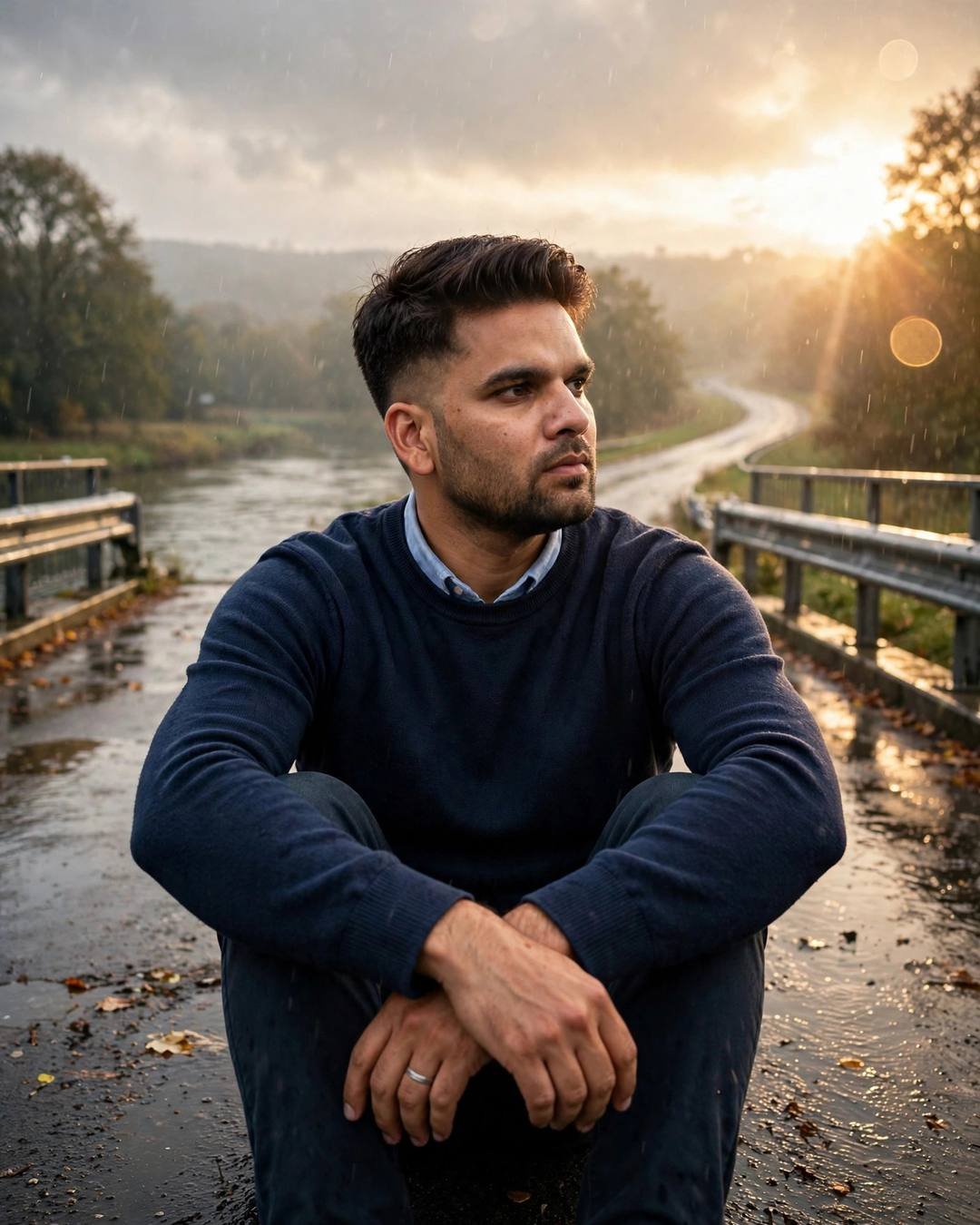 Young Indian man in navy sweater sitting with knees drawn up on a bridge over a river at golden hour