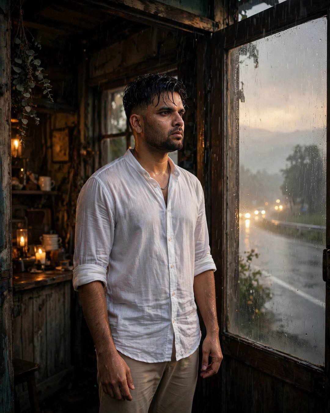 Young Indian man in white linen shirt standing in an old café doorway with fogged windows beside a wet road