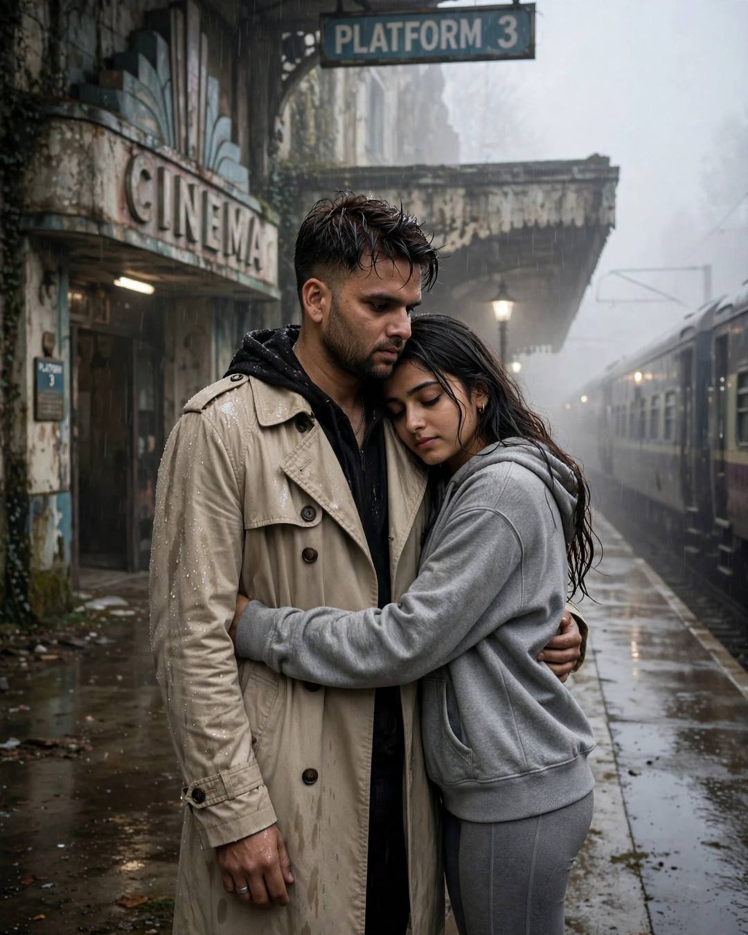 Young couple embracing in dense fog on a railway platform beside an abandoned cinema hall