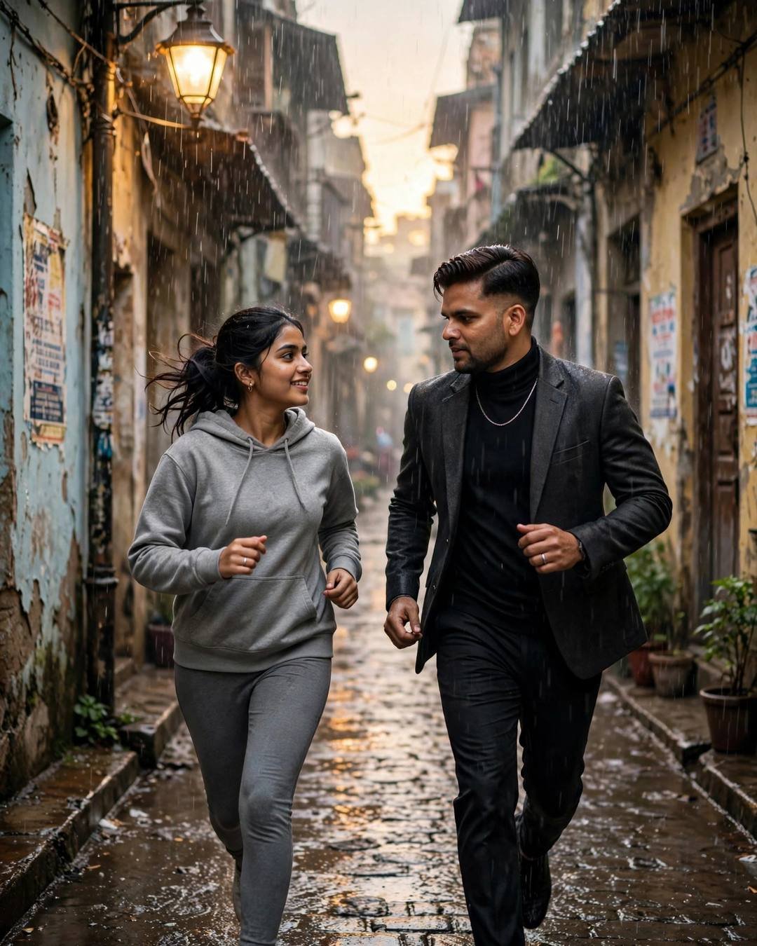 Young couple running toward each other in a narrow rain-soaked old-city lane, warm streetlamp glow