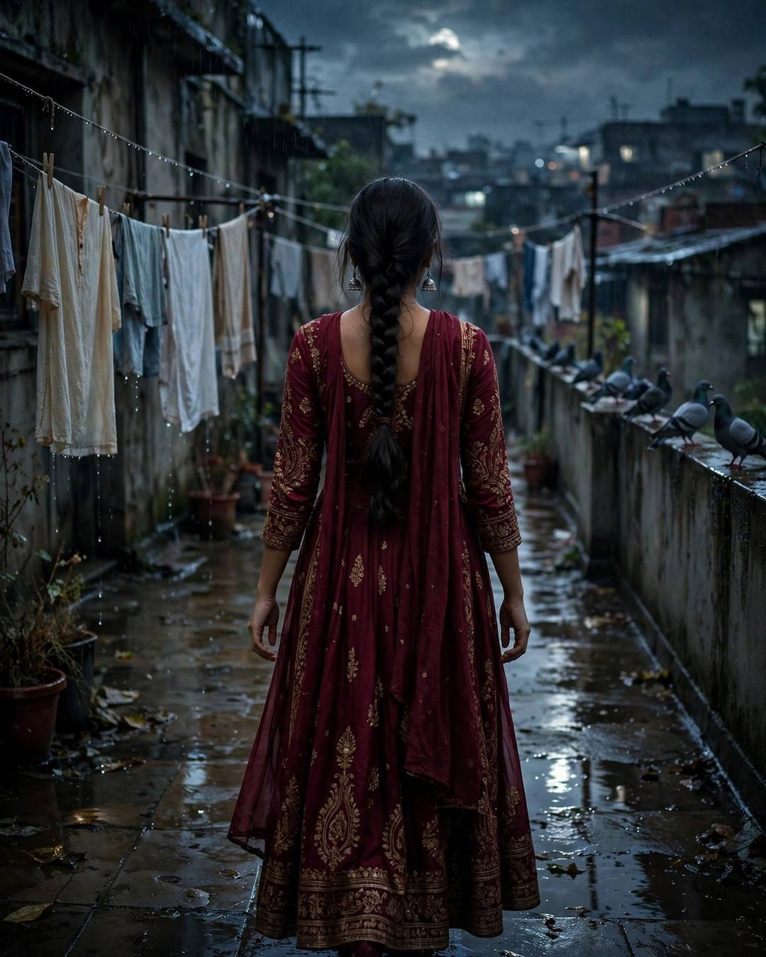 Young Indian woman in maroon anarkali walking away on a rain-wet terrace with clothes lines and pigeons at night