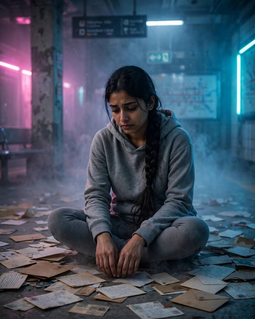 Young Indian woman in a grey hoodie sitting cross-legged among old letters in a foggy neon-lit metro station