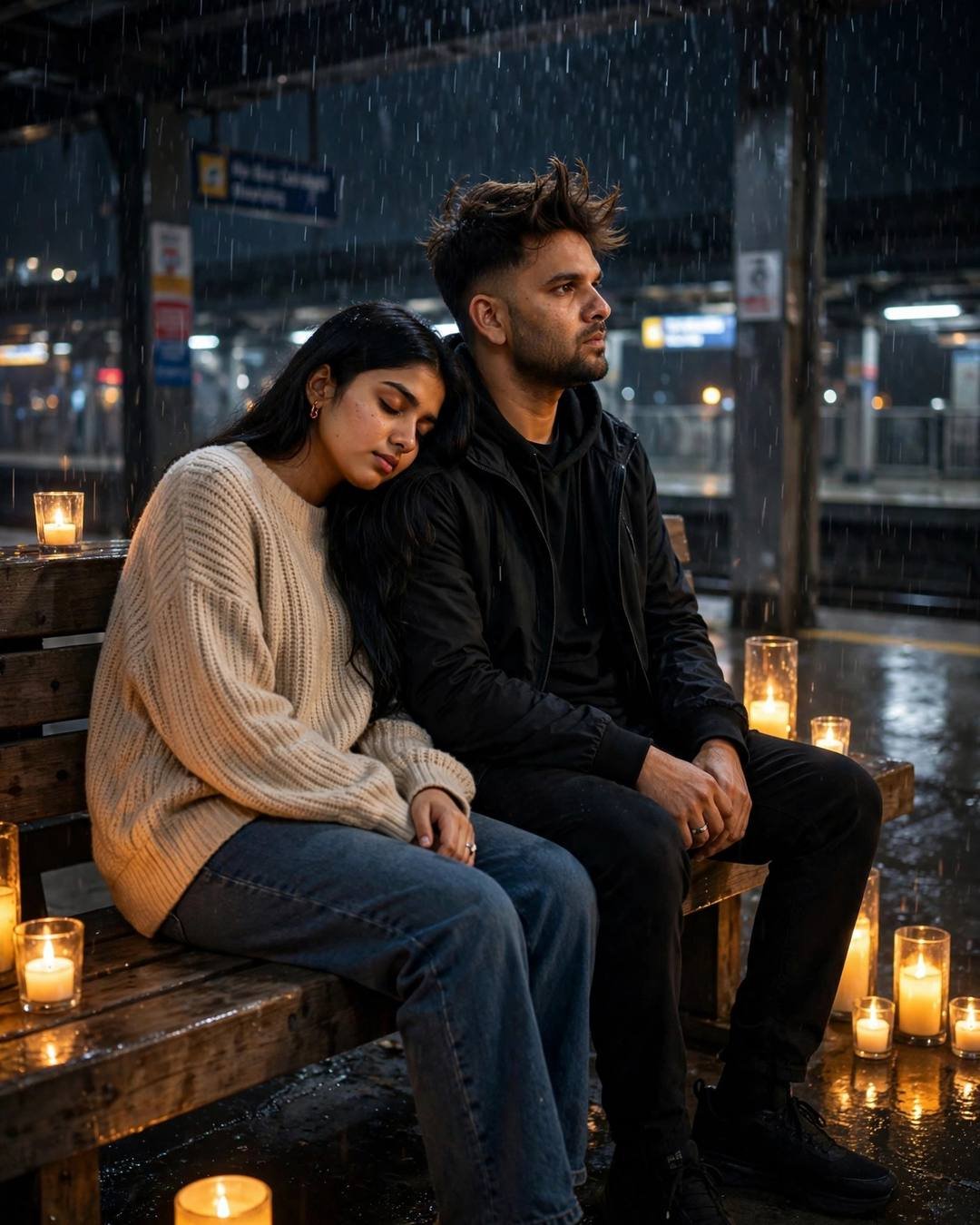 Young Indian couple seated on a rainy midnight metro station bench, her head on his shoulder, candles around them