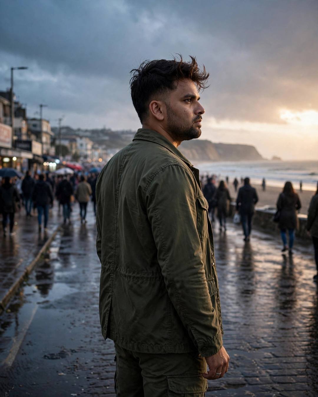 Young Indian man in an olive field jacket standing apart from the crowd on a wet beach promenade at dusk