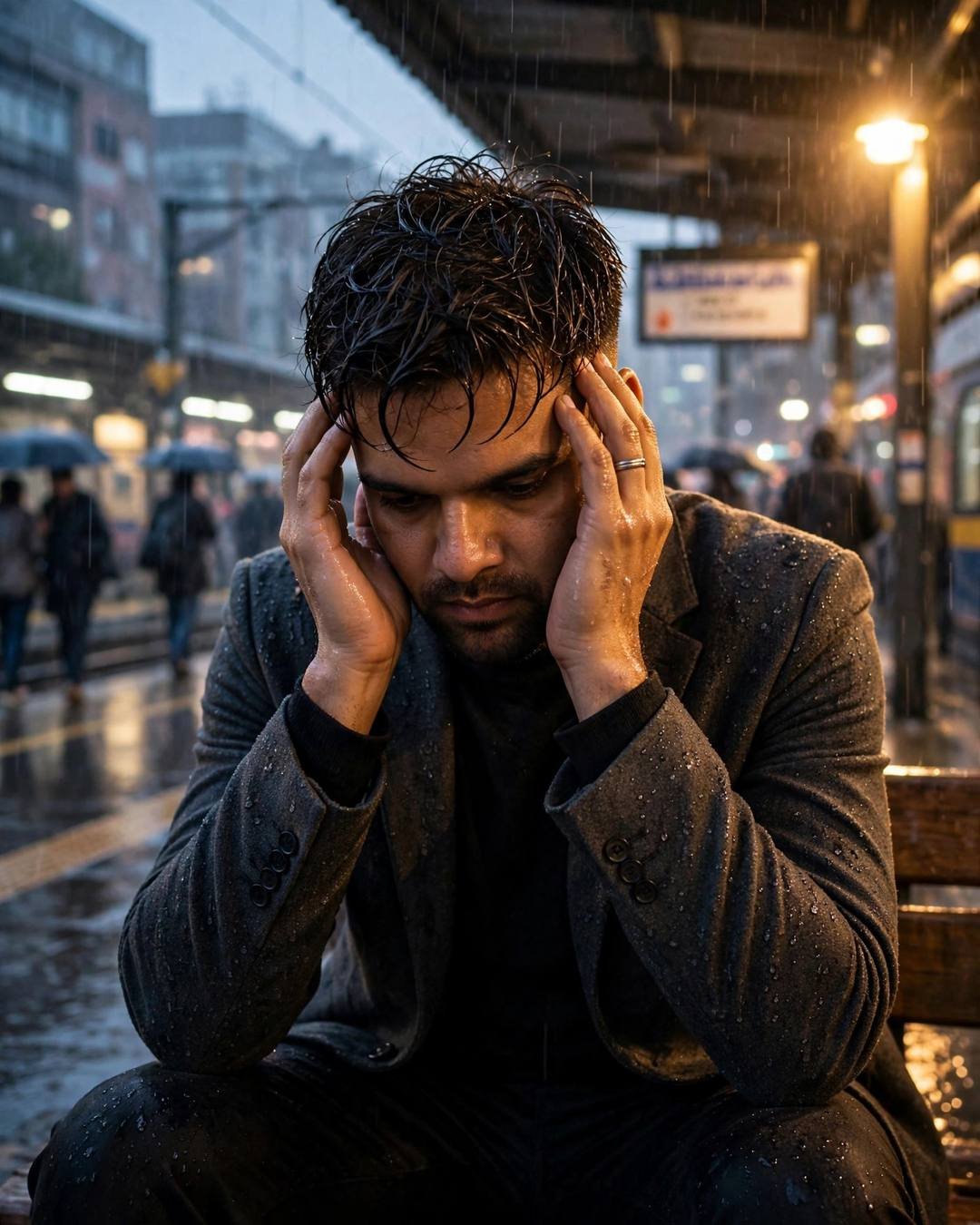 Young Indian man in a charcoal blazer sitting on a rainy station bench with head in hands, crowd behind
