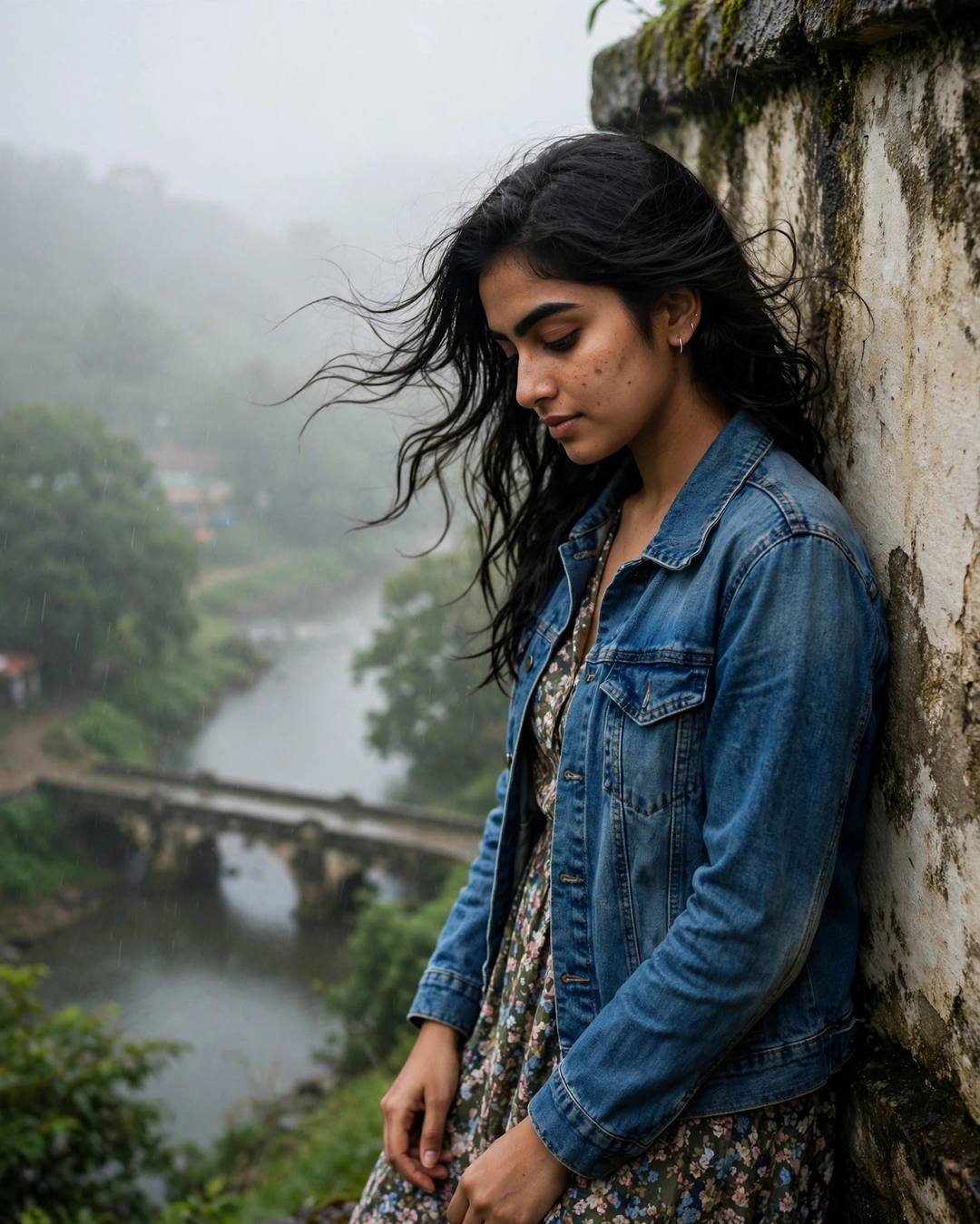 Young Indian woman in a denim jacket over a floral dress leaning against a weathered wall above a misty river