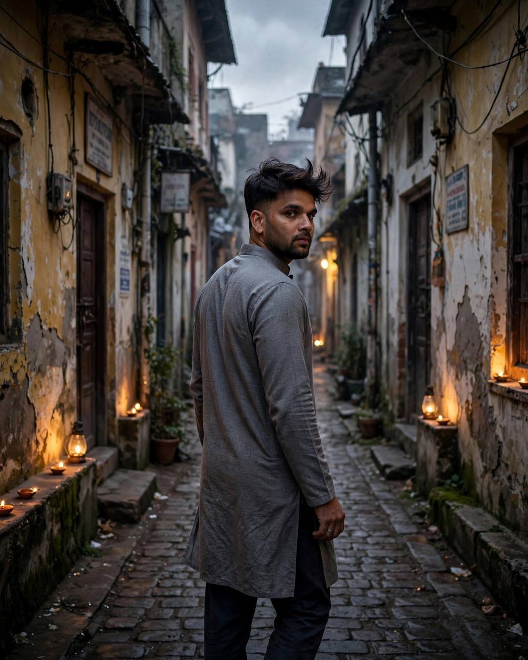 Young Indian man in a grey kurta walking away down an old-city lane lined with diyas, looking back