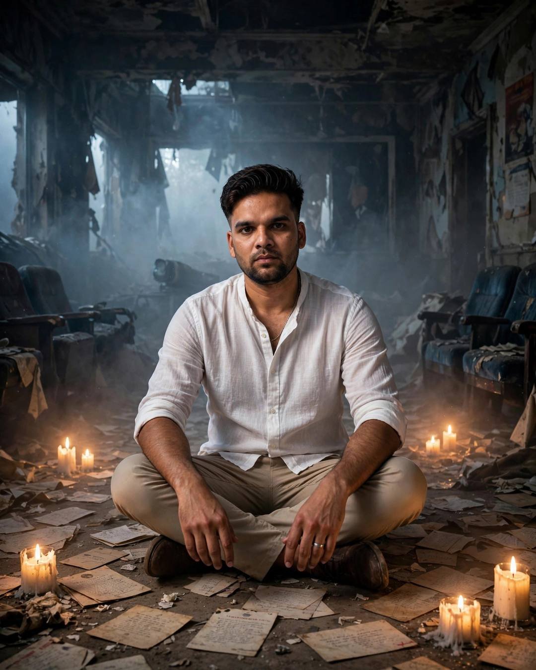 Young Indian man in a white linen shirt sitting cross-legged among old letters and candles in an abandoned cinema