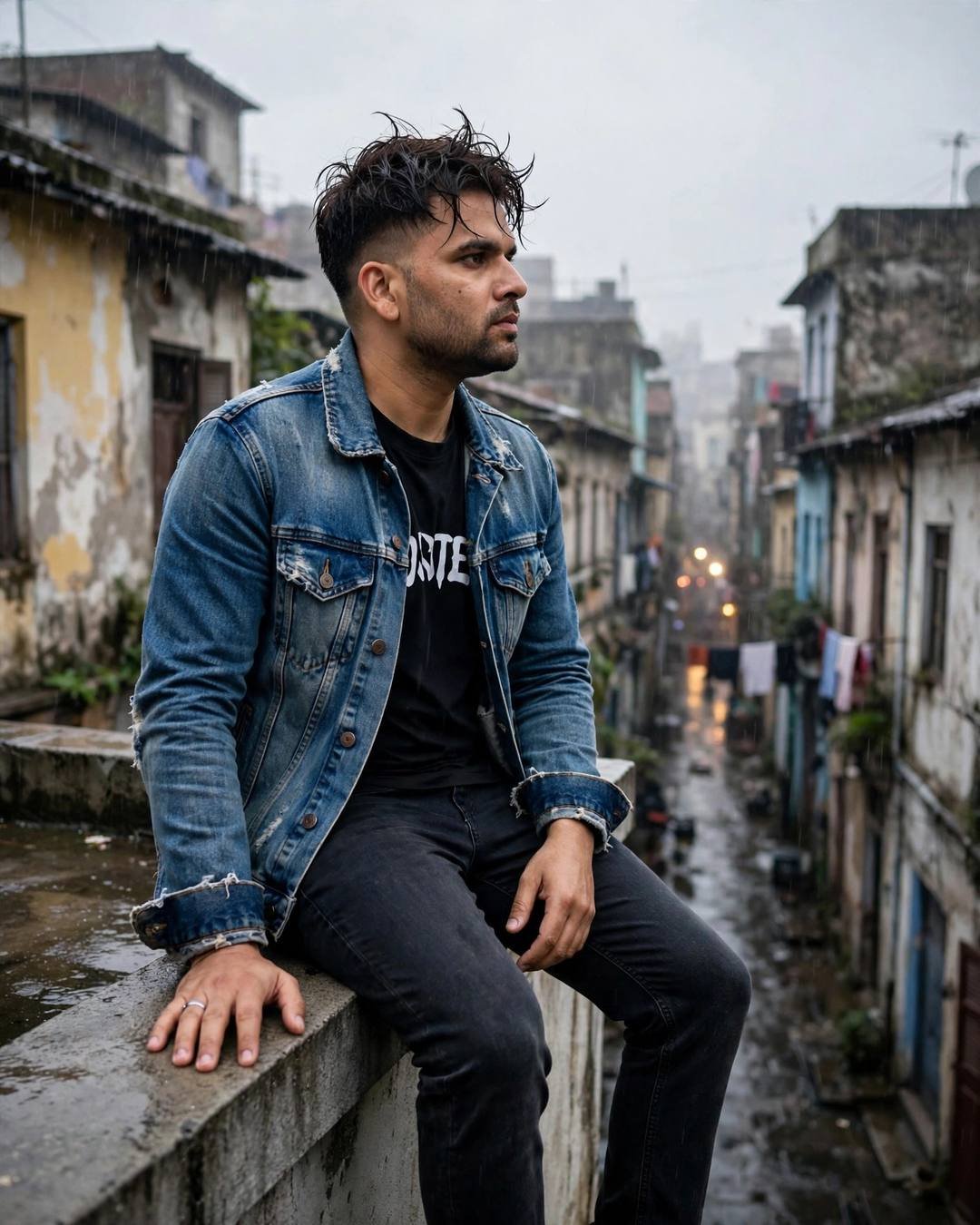 Young Indian man in a distressed denim jacket seated on a rooftop ledge above a rain-wet old-city lane