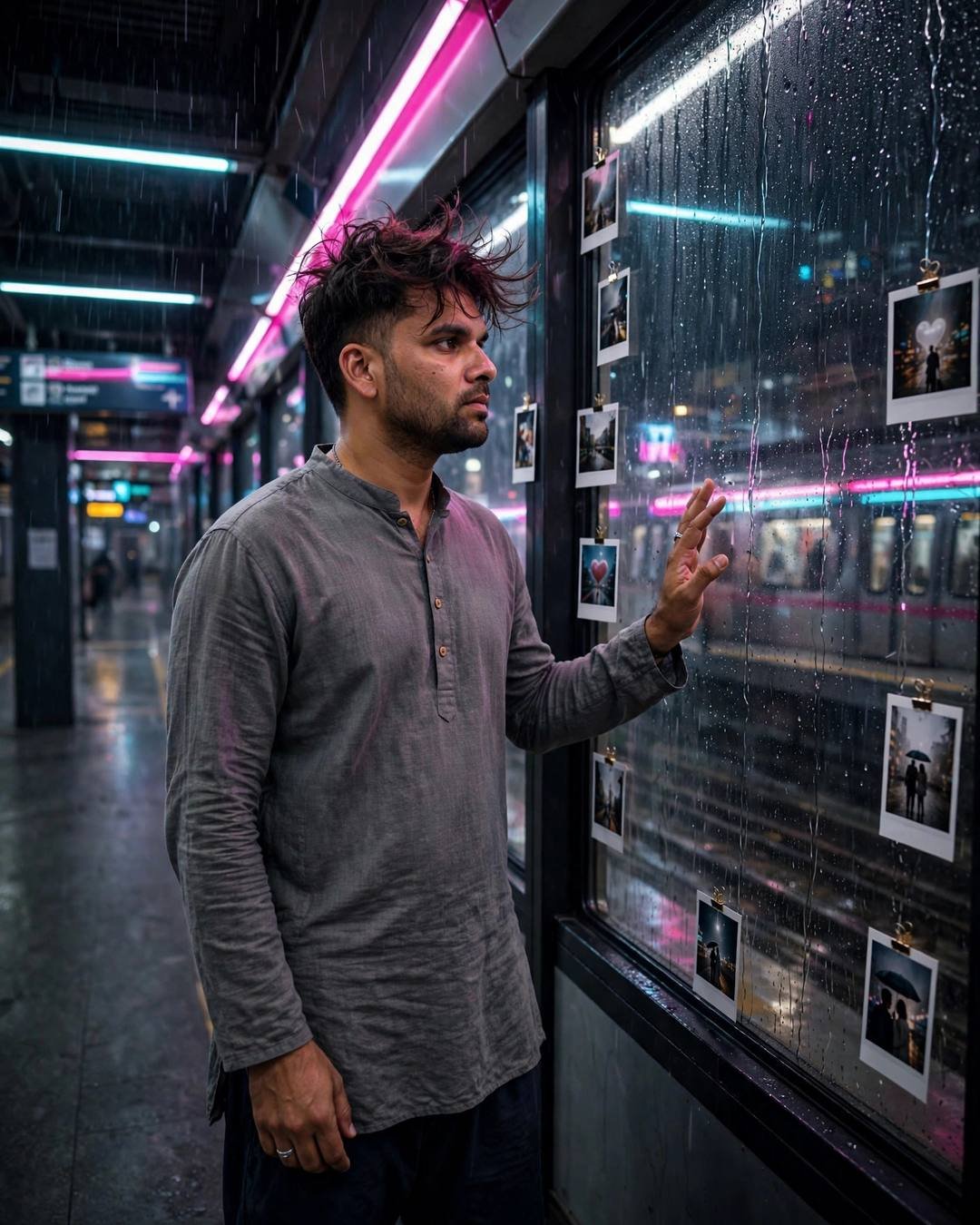 Man in grey kurta with hand on a rain-streaked metro station window, polaroids clipped beside, neon glow